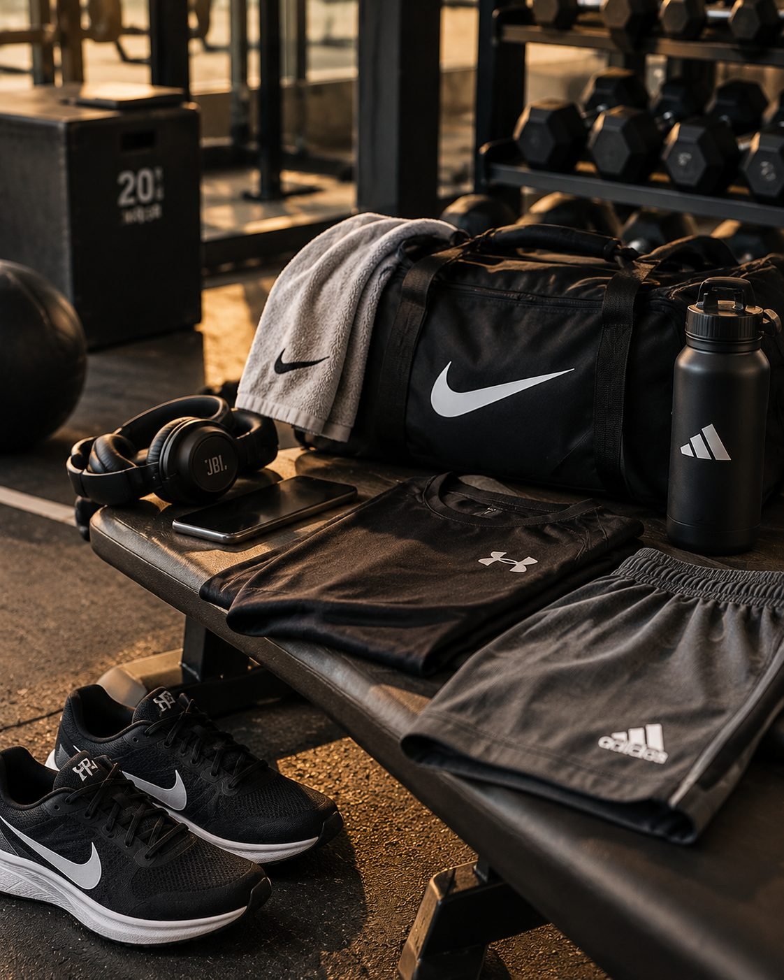 Tênis, mochila, camiseta e acessórios esportivos em um banco de academia