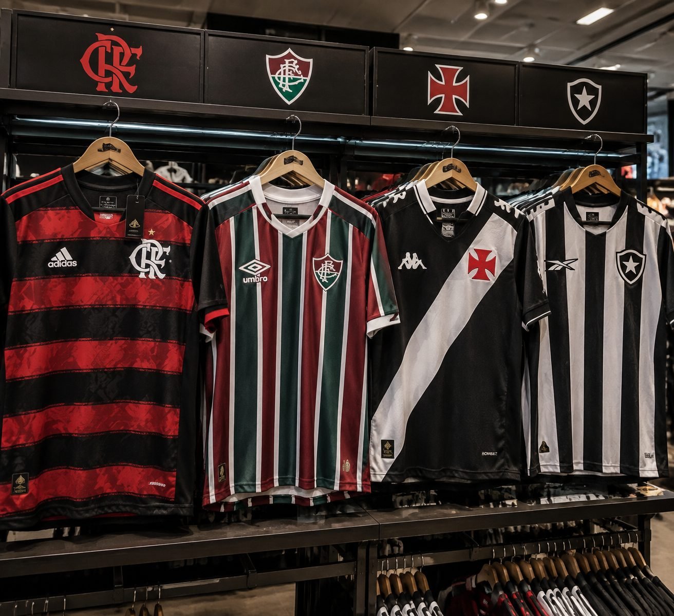 Camisas de times de futebol expostas na loja Planeta Esportes